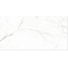 Carreau en grès cérame aspect marbre avec veines grises pour sol et mur.