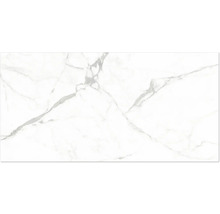 Carreau en grès cérame aspect marbre avec veinage gris.