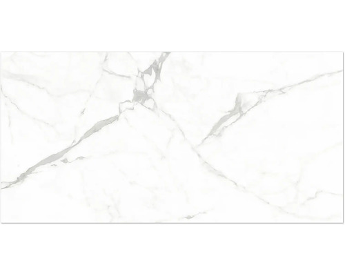 Carreau en grès cérame aspect marbre avec veinage gris.