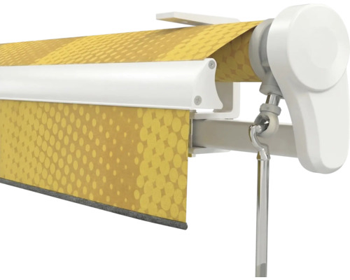 Store à bras articulés avec boîtier blanc, toile à motifs jaunes et mécanisme à manivelle.