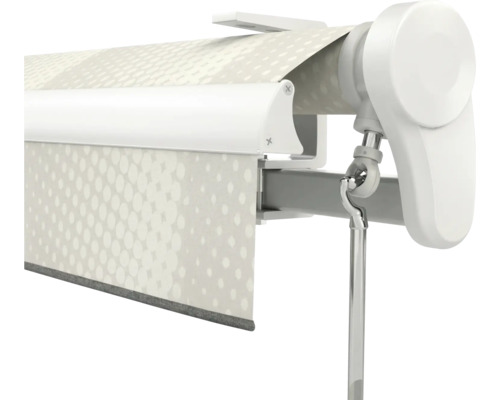 Store enrouleur avec coffre blanc, tissu à motifs et raccord de manivelle.