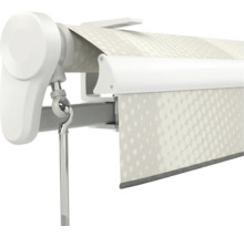 Store blanc avec commande par manivelle, support mural et toile à motifs.