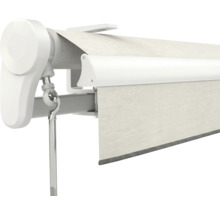 Nahaufnahme eines Rollomechanismus mit Handkurbelanschluss und hellem Stoff.