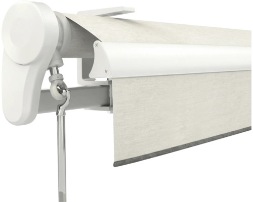 Nahaufnahme eines Rollomechanismus mit Handkurbelanschluss und hellem Stoff.