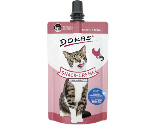 Crème snack DOKAS poulet et crevettes pour chats en emballage refermable, régulièrement contrôlée par le SGS Institut Fresenius.