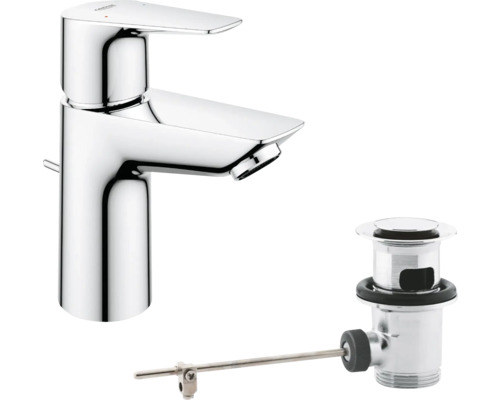 Mitigeur de lavabo GROHE avec garniture de vidage à tirette en chrome brillant pour la salle de bains.