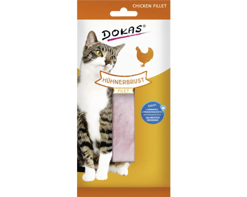 Friandise pour chat Dokas filet de poitrine de poulet, certifié par SGS Institut Fresenius.
