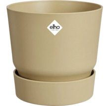 Pot de fleurs rond beige en plastique avec soucoupe assortie et elho Logo.