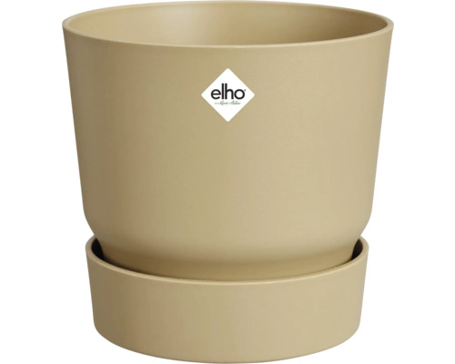Pot de fleurs rond beige en plastique avec soucoupe assortie et elho Logo.