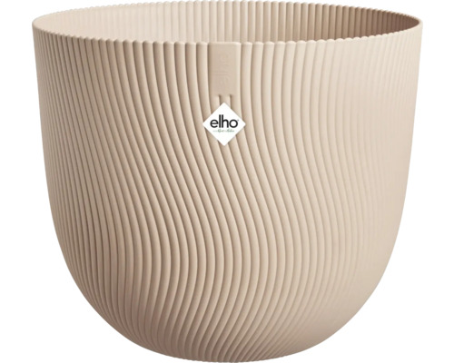 Cache-pot rond elho en plastique avec structure ondulée verticale en beige.