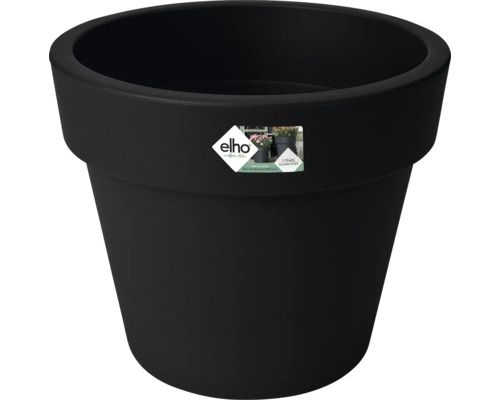 Pot de fleurs rond Elho noir en plastique recyclé avec un large bord.