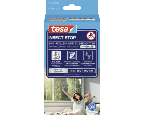 tesa Insect Stop 2-in-1 Pollen- und Fliegengitter Premium für Fenster, maximal 130 mal 150 Zentimeter, mit Klettband.