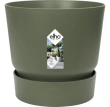 Pot de fleurs elho vert avec soucoupe assortie en plastique recyclé et système d'arrosage. elho Logo.