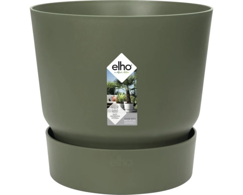 Pot de fleurs elho vert avec soucoupe assortie en plastique recyclé et système d'arrosage. elho Logo.
