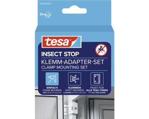 tesa® Adapter für FALT Tür weiss tesa Logo, Insect Stop Klemm-Adapter-Set, 3 Stück, Montage ohne Bohren durch Klemmen, passend für alle tesa Türen.