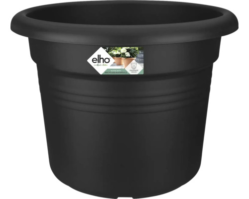 Pot de fleurs rond elho de couleur anthracite en plastique recyclé avec trous de drainage.
