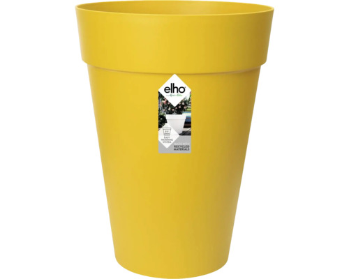 Pot de fleurs haut jaune Elho en plastique recyclé avec système d arrosage intégré.