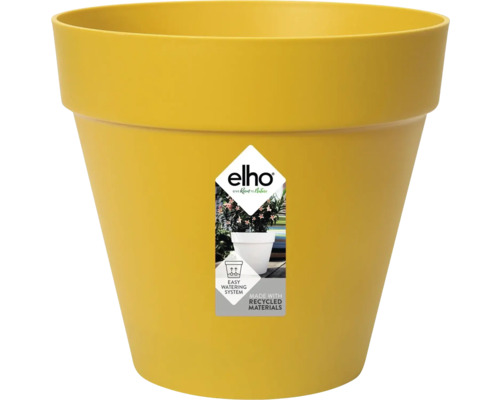 Pot de fleurs jaune en plastique elho, rond et conique, en matériau recyclé avec système d'arrosage facile.