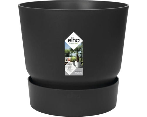 Pot de fleurs elho avec soucoupe en plastique recyclé, noir mat, rond.