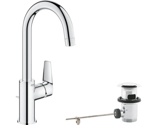 Mitigeur de lavabo Grohe avec bec haut en C, levier de commande et garniture de vidage à tirette en chrome.