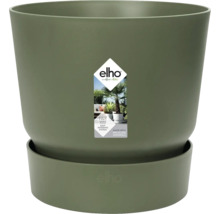 Pot de fleurs Elho avec soucoupe intégrée, vert olive, en plastique recyclé, avec système d'arrosage facile.