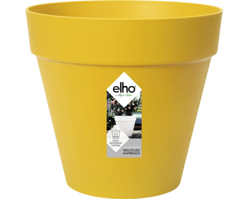 Logo elho sur un pot de fleurs rond en plastique avec système d'arrosage facile, fabriqué à partir de matériaux recyclés.