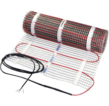 Trame chauffante électrique DEVI de 150 Watts par mètre carré pour chauffage au sol avec câble de raccordement. DEVI Logo.