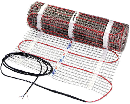 Trame chauffante électrique DEVI de 150 Watts par mètre carré pour chauffage au sol avec câble de raccordement. DEVI Logo.