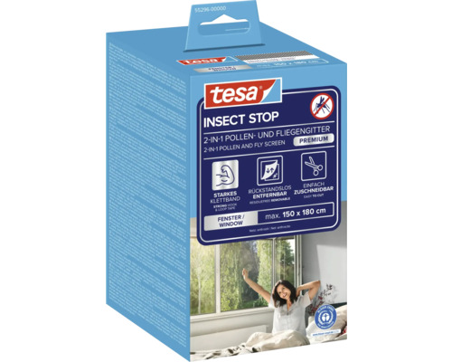 tesa Logo. tesa Insect Stop Premium 2-in-1 Pollen- und Fliegengitter für Fenster bis 150 mal 180 Zentimeter. Blauer Engel Umweltsiegel.