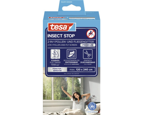 tesa Insect Stop Premium 2 in 1 Pollen- und Fliegengitter für Fenster bis maximal 120 mal 240 Zentimeter, umweltfreundlich zertifiziert.