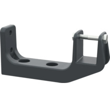 Dunkelgraue Metallhalterung mit Befestigungslöchern und einer Sechskantschraube.