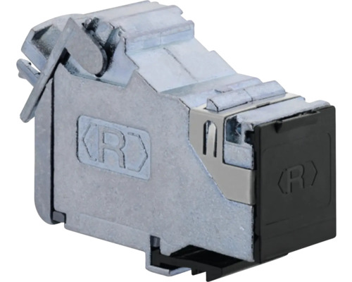Geschirmtes RJ45 Netzwerkmodul aus Metall mit Staubschutzkappe für Keystone-Anschlüsse.