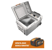 Glacière électrique portable avec couvercle ouvert, éclairage intérieur et deux compartiments et une batterie 20 Volt 4,0 Ampère-heure offerte.