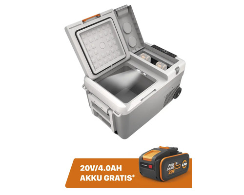 Tragbare elektrische Kühlbox mit offenem Deckel, Innenbeleuchtung und zwei Akkufächern sowie ein 20 Volt 4,0 Amperestunden Akku gratis dazu.