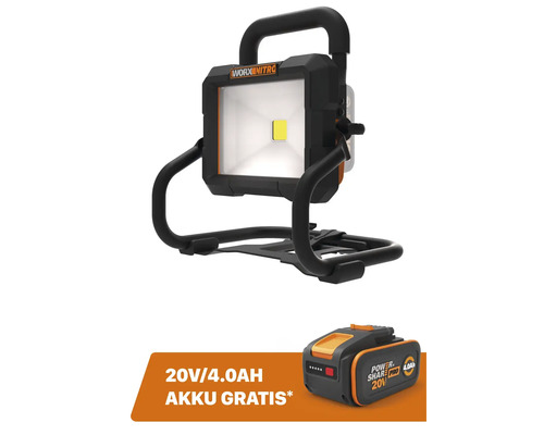 Projecteur de chantier à LED Worx Nitro avec support réglable incluant une batterie 20 Volt 4,0 Ampères-heures gratuite.