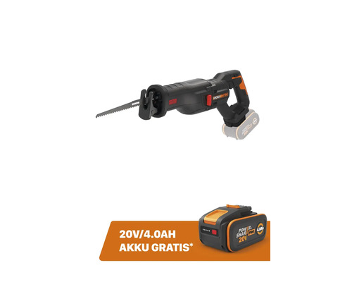 Scie sabre sans fil Worx Nitro avec moteur sans balais et batterie gratuite de 20 Volt 4,0 Ampères-heures.