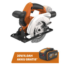 Worx Akku-Handkreissäge mit 150 Millimeter Sägeblatt inklusive 20 Volt 4 Amperestunden PowerShare Pro Akku.