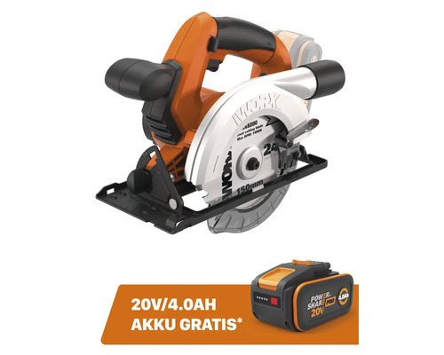 Worx Akku-Handkreissäge mit 150 Millimeter Sägeblatt inklusive 20 Volt 4 Amperestunden PowerShare Pro Akku.