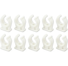 Lot de dix colliers de serrage en plastique blanc pour la fixation de tubes ou de câbles.