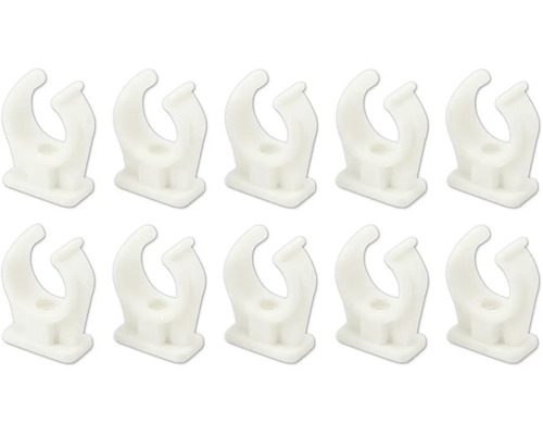 Lot de dix colliers de serrage en plastique blanc pour la fixation de tubes ou de câbles.