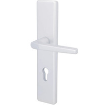 Garniture sur plaque longue blanche pour portes avec béquille moderne et trou pour cylindre profilé.