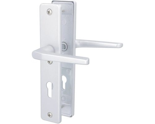 Poignée de porte sur plaque longue en aluminium avec perforation pour cylindre profilé.