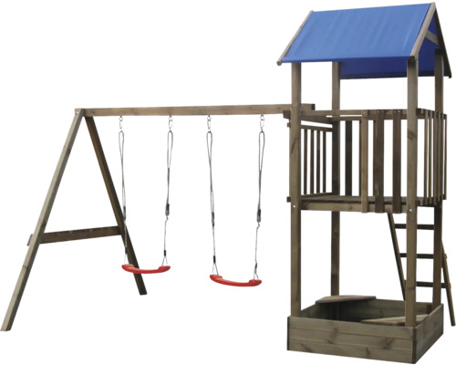 Kletterturm aus Holz mit zwei roten Schaukeln, Spielturm mit blauem Dach und integriertem Sandkasten.
