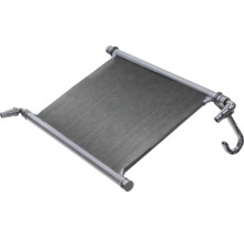 Chauffage solaire pour piscine avec surface noire, tubes gris et raccords de tuyau.