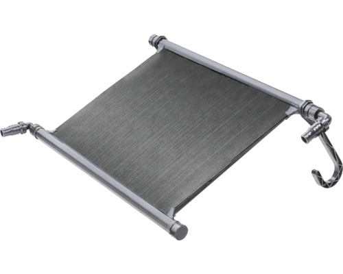 Chauffage solaire pour piscine avec surface noire, tubes gris et raccords de tuyau.
