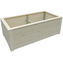 Rechteckiges Hochbeet aus hellem Holz mit stabilisierender Innenverstrebung.