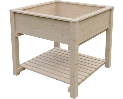 Quadratisches Hochbeet aus hellem Holz mit einer Ablagefläche im unteren Bereich.