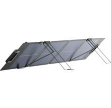 Panneau solaire pliable avec quatre segments et pieds de support intégrés pour une utilisation mobile.