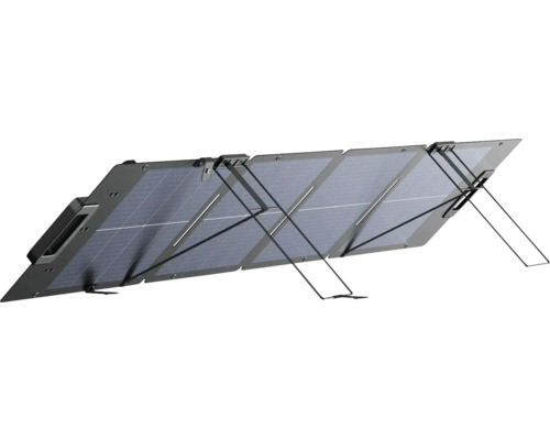 Panneau solaire pliable avec quatre segments et pieds de support intégrés pour une utilisation mobile.