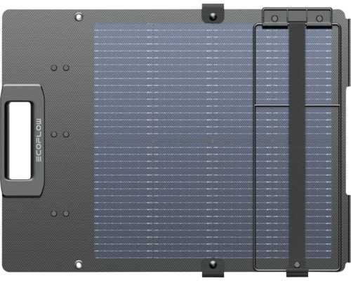 Panneau solaire portable EcoFlow plié avec poignée de transport, logo EcoFlow et surface texturée.
